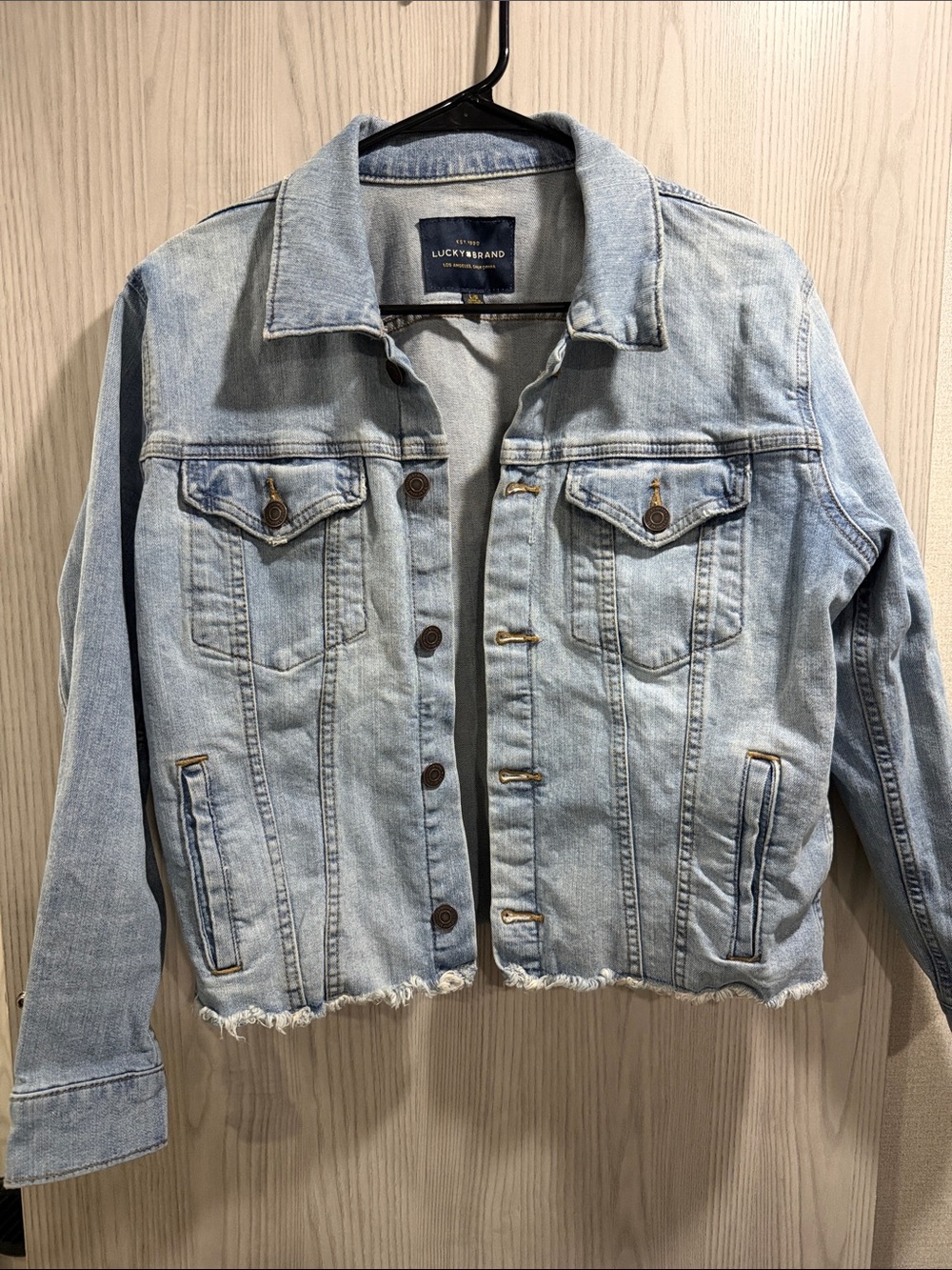 Lucky Brand Faded Light Blue Denim Jacket with Frayed Hem